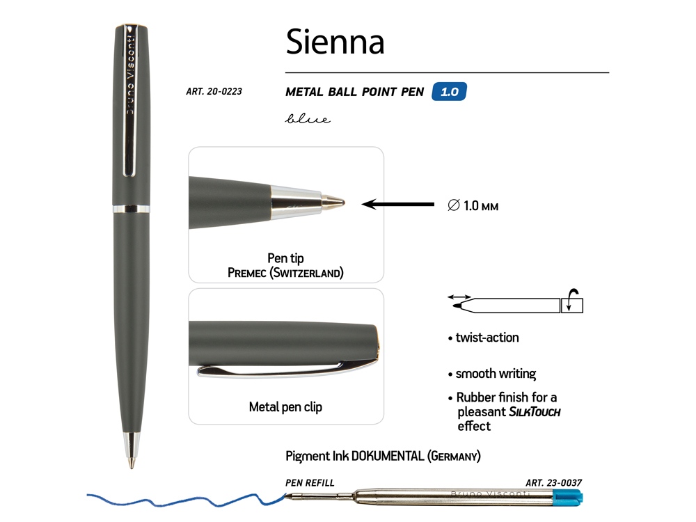 Ручка Sienna шариковая  автоматическая, серый металлический корпус, 1.0 мм, синяя-2