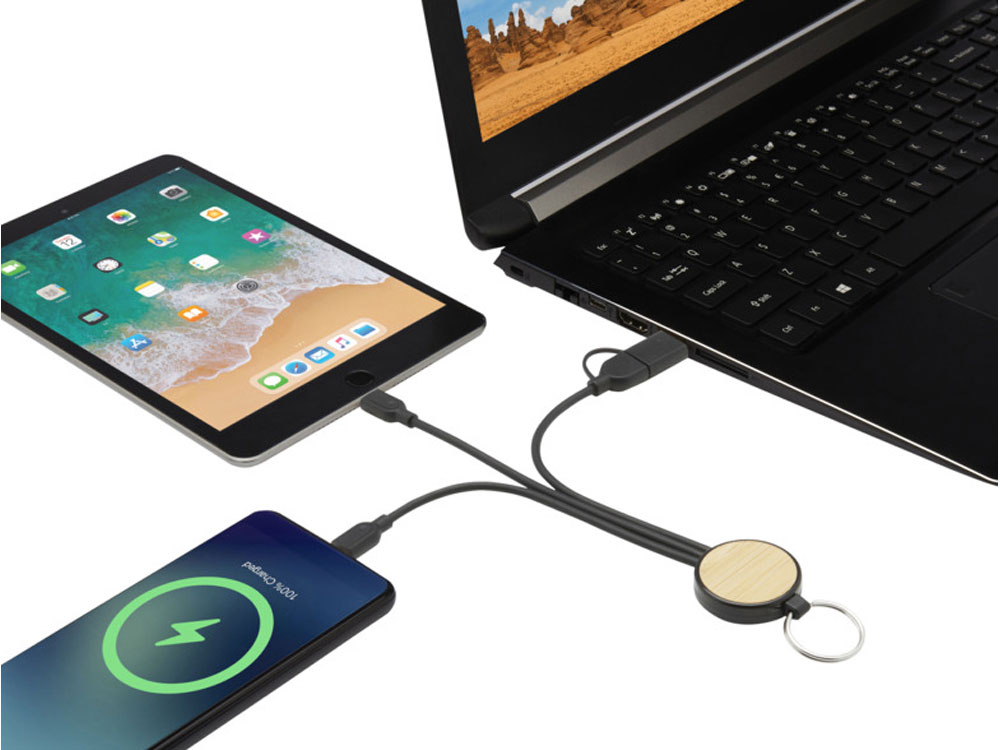 Кабель для зарядки Tecta 6 в 1 из переработанного пластика/бамбука с брелком, сплошной черный-4