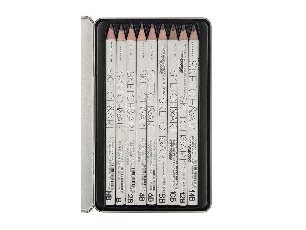 Набор чернографитовых карандашей  Sketch & Art  утолщенные,9 шт. hb-14b,  металлическая коробка с ложементом-2