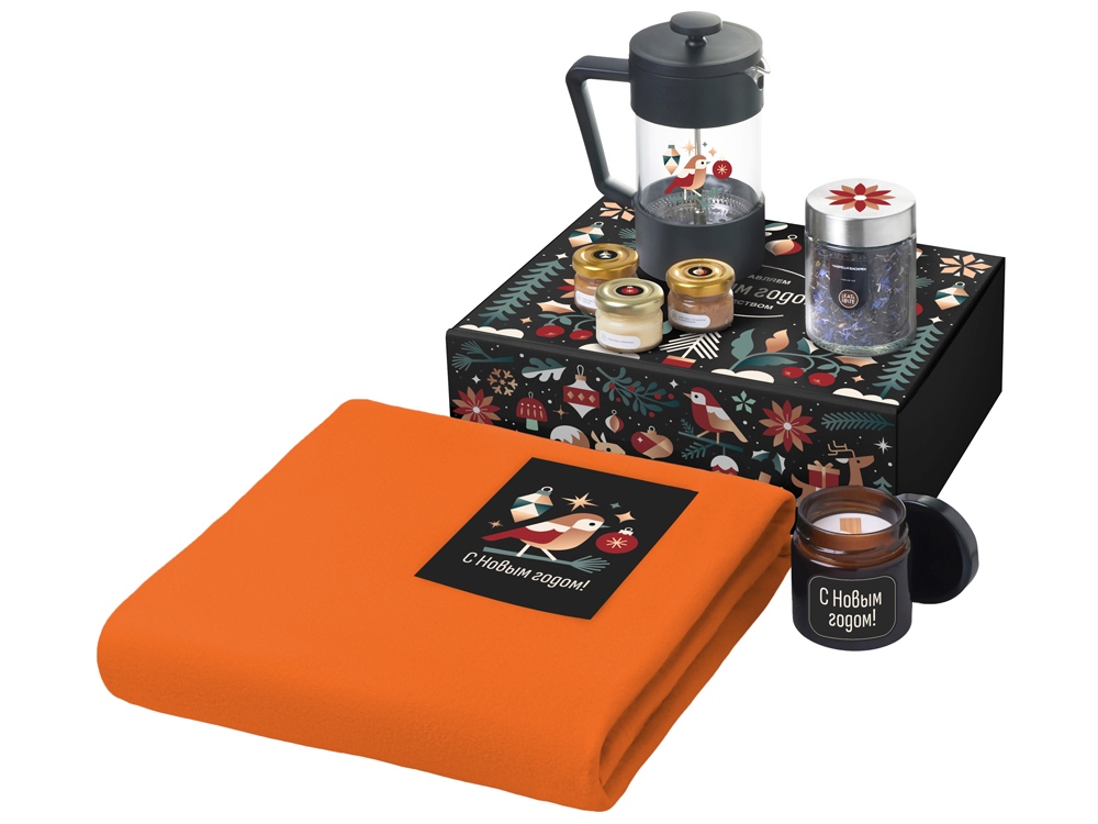 Подарочный набор c пледом, френчпрессом, чаем и медом, оранжевый-0