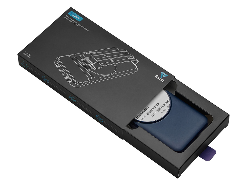 Магнитный беспроводной внешний аккумулятор со встроенными кабелями Мэни,быстаря зарядка, 10000 мАч, тёмно-синий-6