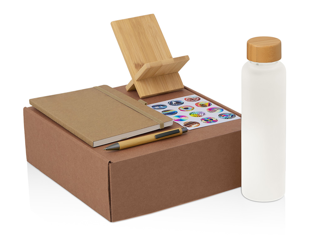 Подарочный набор с бутылкой для воды. блокнотом, ручкой и подставкой для телефона, бежевый-0