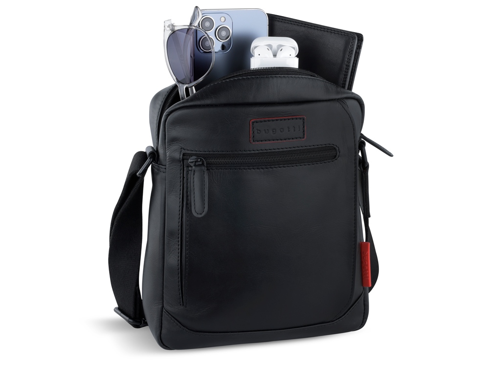 Сумка наплечная мужская BUGATTI Clark, чёрная, воловья кожа/полиэстер, 21х6,5х24 см, 3 л-4