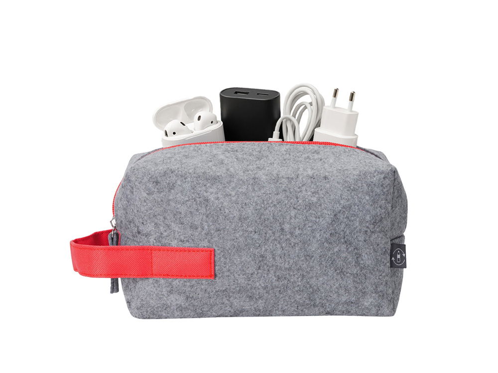 Органайзер для электроники и проводов Felt из RPET-фетра с ручкой, серый с красным-0