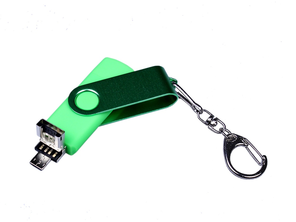USB-флешка на 64 ГБ 3 в 1 поворотный механизм, c двумя дополнительными разъемами MicroUSB и TypeC C с одноцветным металлическим клипом, зеленый-2