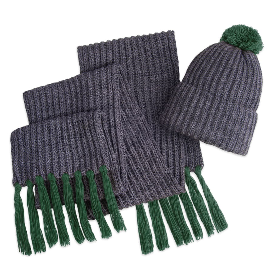 Шапка и шарф GoSnow с ярким пoмпоном и кисточками, темно-зелёный-1