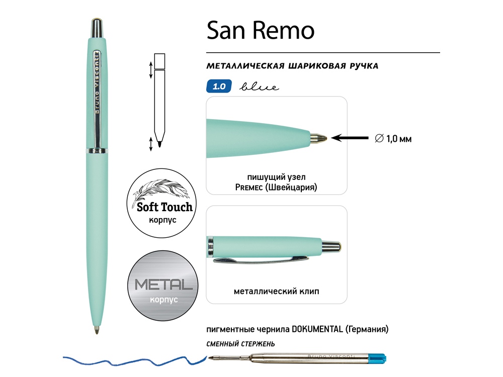 Ручка металлическая шариковая San Remo, софт-тач, 1.0 мм, мятный-2