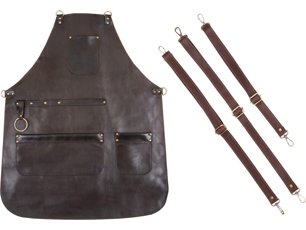 Фартук из натуральной кожи, материал: натуральная кожа КРС, цвет фартука: темно-коричневый, цвет ремней: коричневый тёмный, фурнитура из металлического сплава ЦАМ, цвет фурнитуры: антик, размер универсальный-5