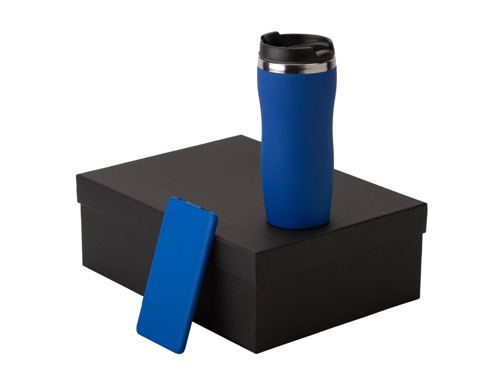 Подарочный набор c вакуумной термокружкой и повербанком С1, синий-0