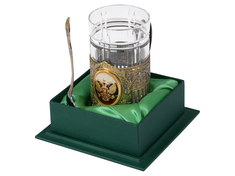 Подстаканник с хрустальным стаканом и ложкой РОССИЙСКИЙ-Л, золотистый/прозрачный-0