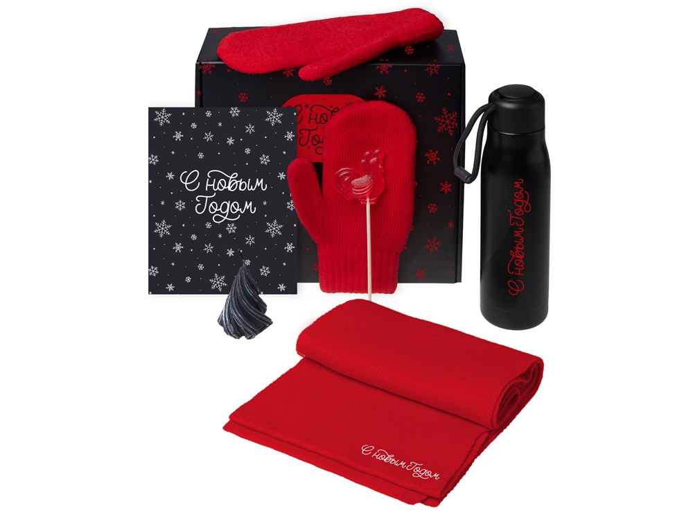 Подарочный набор с варежками, шарфом и термосом,красный-0