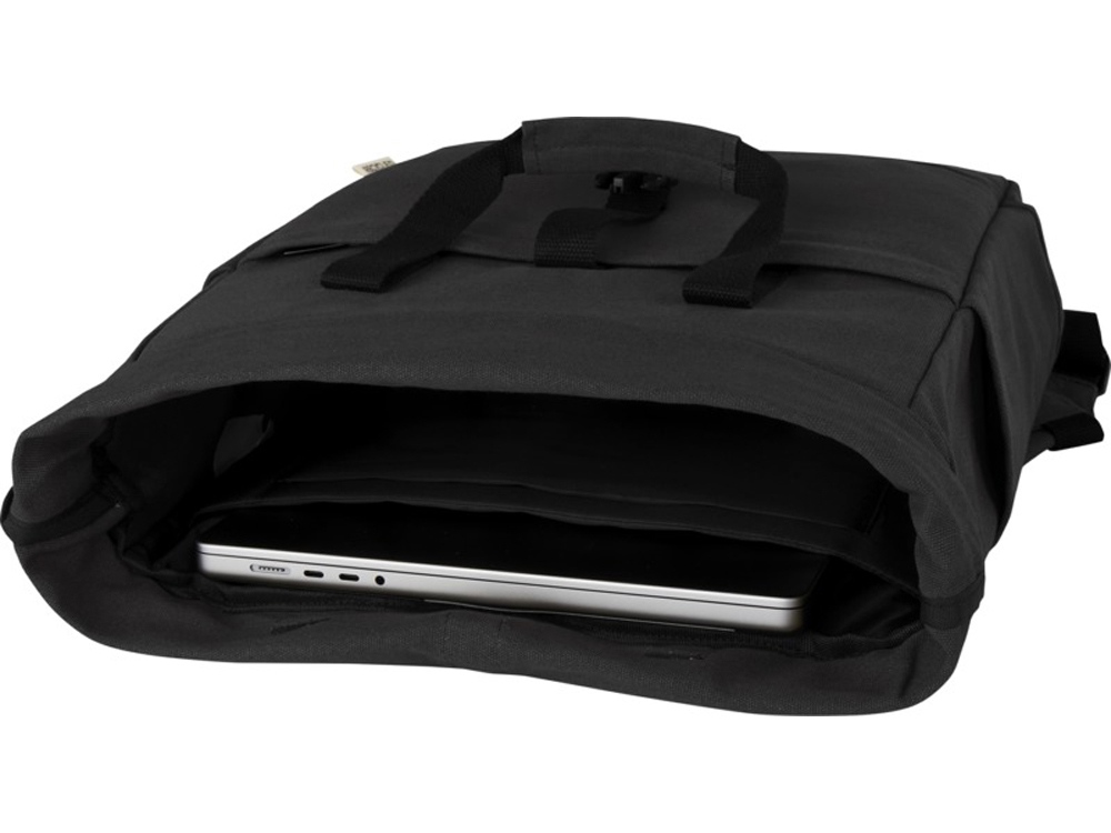 Рюкзак для 15-дюймового ноутбука Joey объемом 15 л из брезента, переработанного по стандарту GRS, со сворачивающимся верхом, черный-4