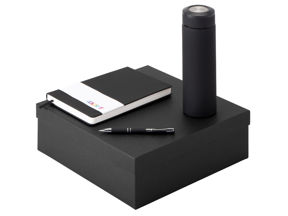Подарочный набор с блокнотом С2, металлической ручкой и термосом, черный-0