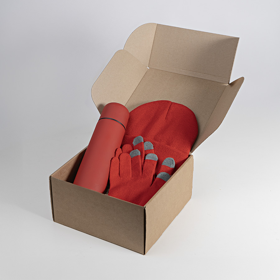 Набор подарочный GET WARM: перчатки, шапка, термос; красный, красный-2