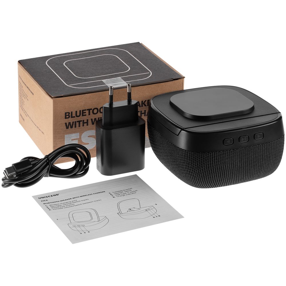 Колонка с беспроводной зарядкой Esca и подсветкой логотипа, черная-7