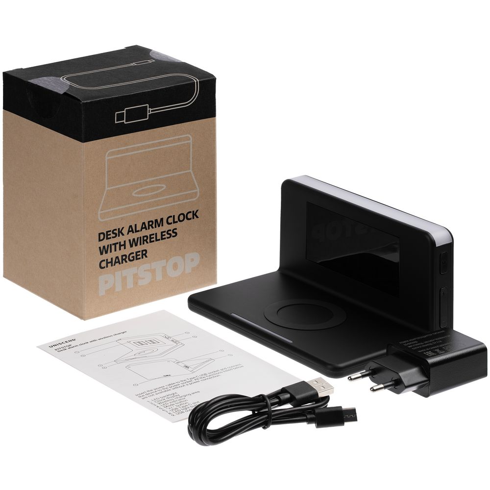 Часы настольные с беспроводным зарядным устройством Pitstop, черные-6