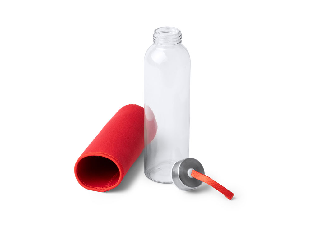 Бутылка стеклянная CAMU в чехле из неопрена, 500 мл, прозрачный/красный-4