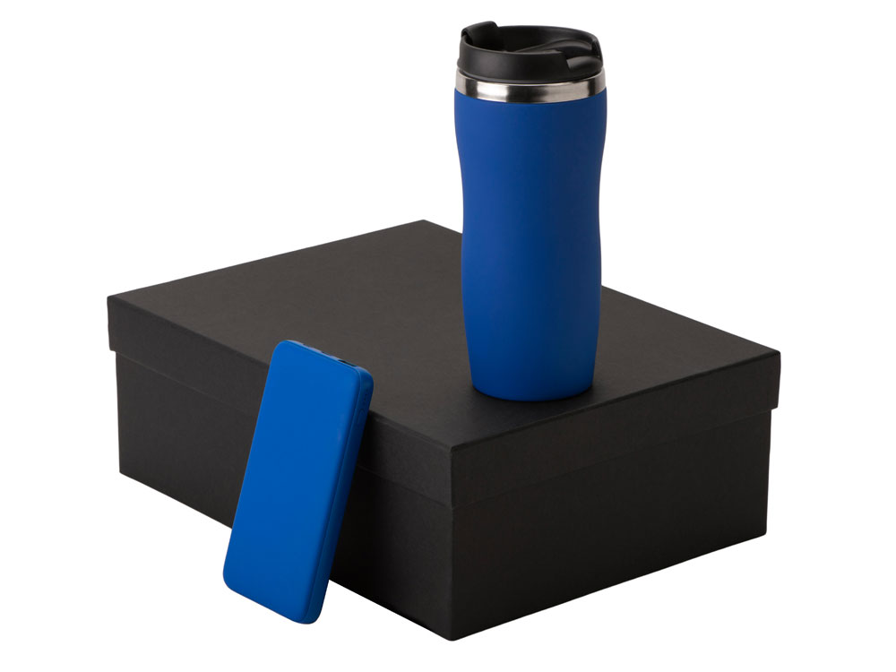 Подарочный набор c вакуумной термокружкой и повербанком С2, синий-0