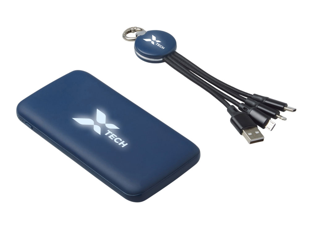 Набор из внешнего акуумулятора и универсального кабеля с подсветкой лого Reserve LED, 10000mAh, темно-синий-0