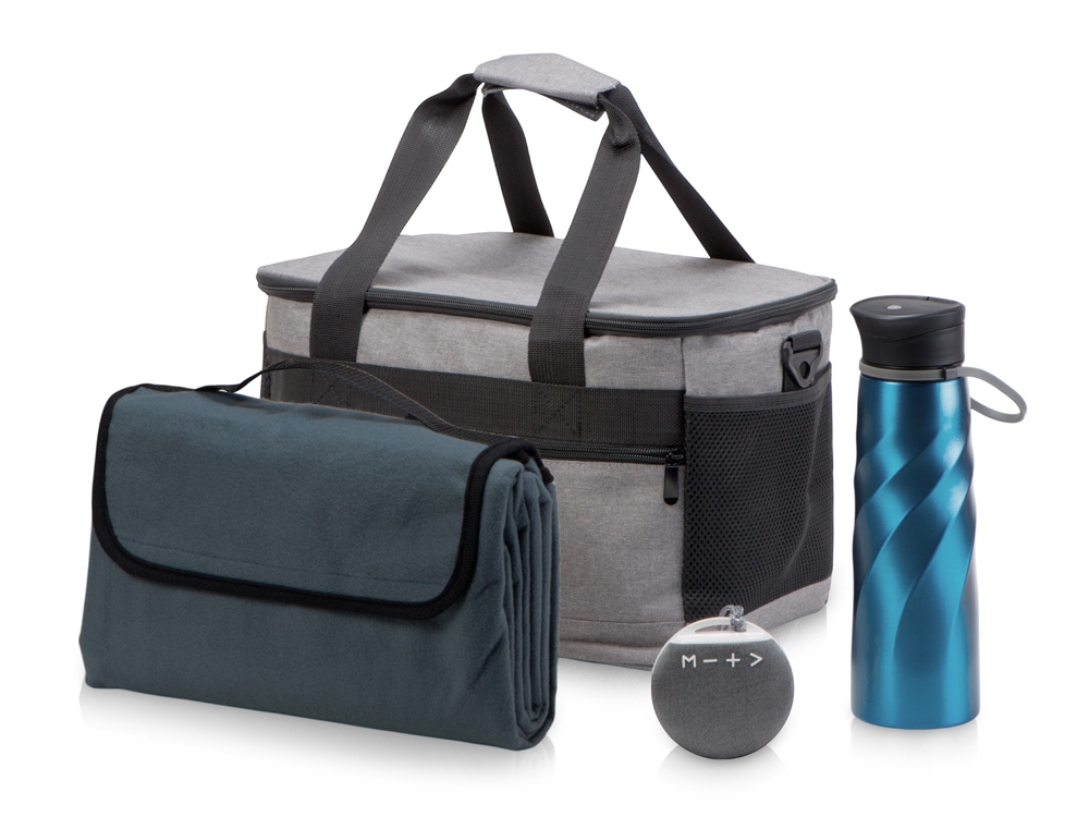 Подарочный набор с пледом и колонкой в сумке - холодильнике  Musical trek, синий-0