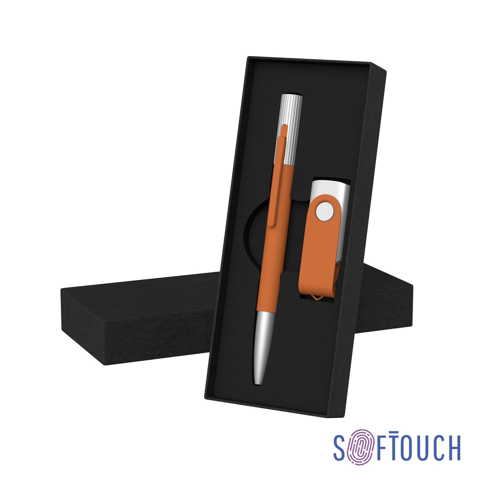 Набор ручка "Clas" + флеш-карта "Vostok" 16 Гб в футляре, оранжевый, покрытие soft touch-0