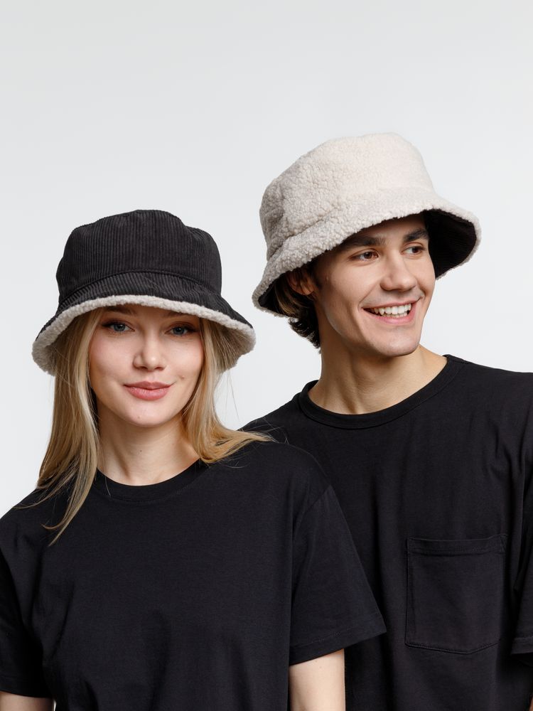 Панама Bucket двусторонняя утепленная, темно-серая с бежевым-6