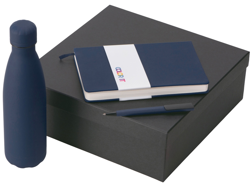 Подарочный набор c блокнотом C2, ручкой и термобутылкой, темно-синий-0