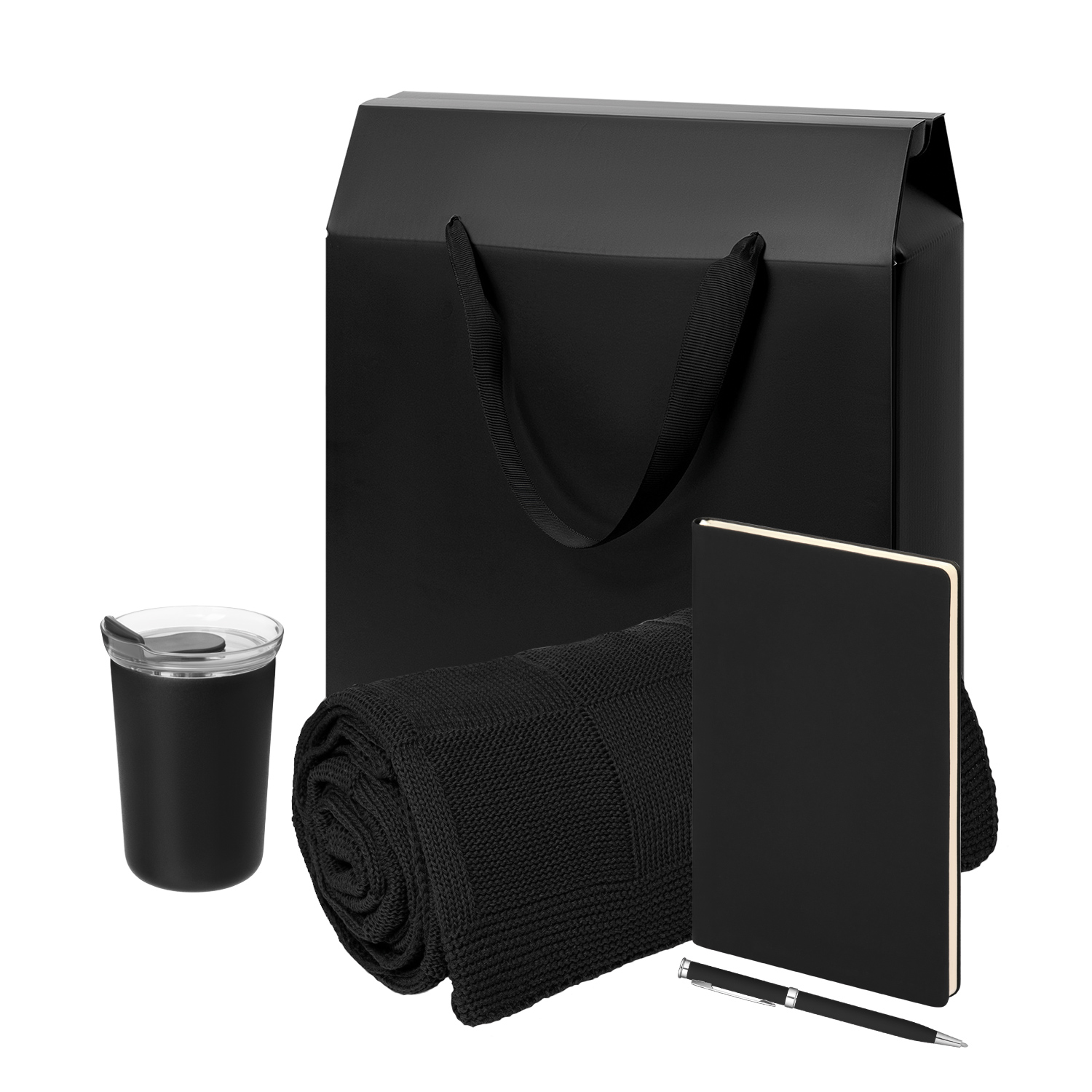 Подарочный набор Welcome Pack Spark, черный (термокружка,ежедневник, ручка, плед, коробка-пакет)-0