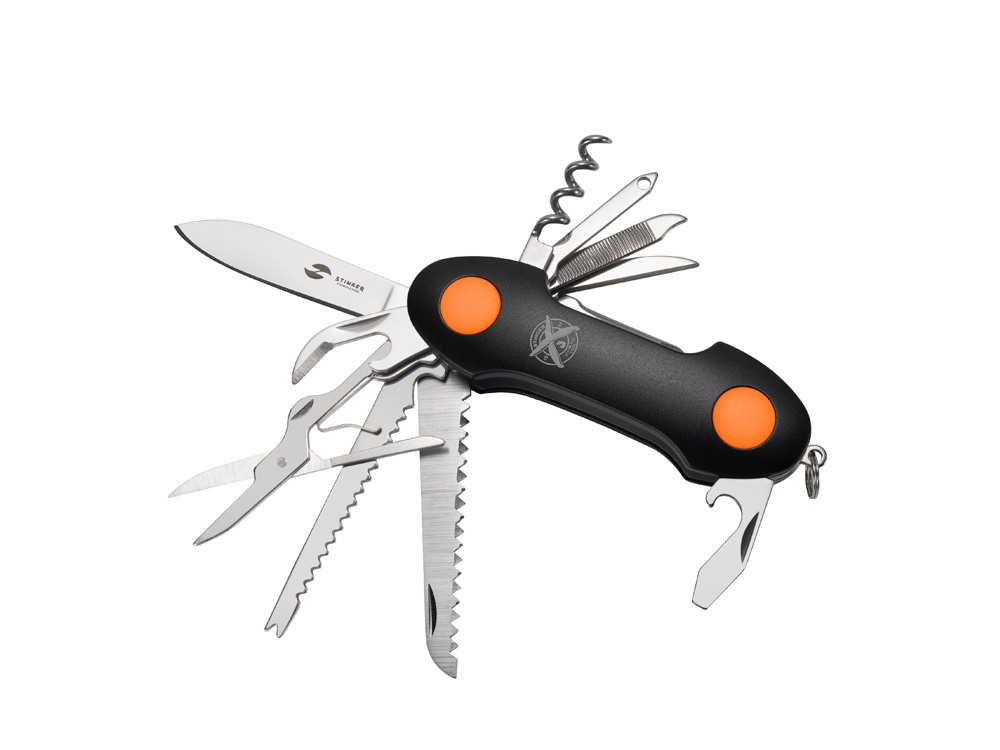 Нож перочинный Stinger, 96 мм, 15 функций, материал рукояти: алюминий, PP (черный/оранжевый)-1