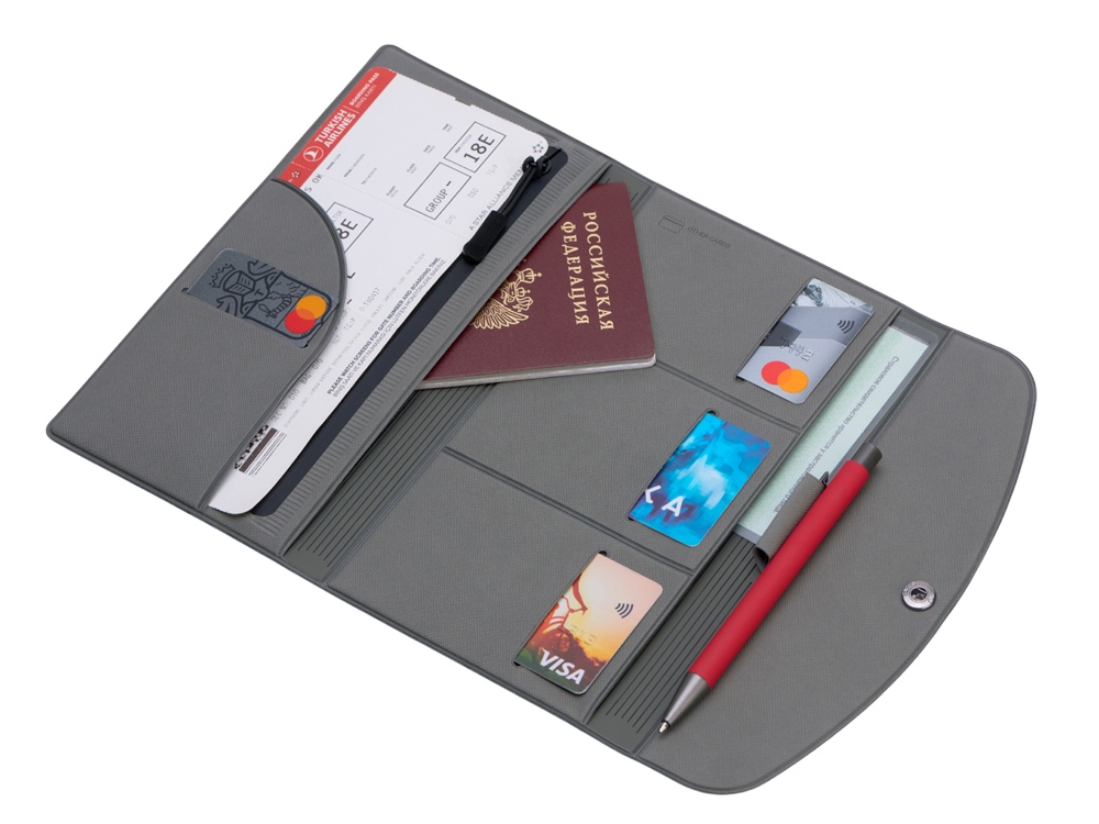 Органайзер для документов на кнопке с отделением для купюр и ручки, упаковка в индивидуальный пакет, серый-1