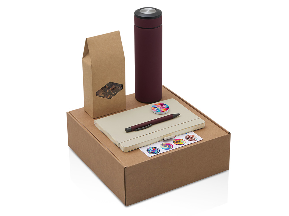 Подарочный набор с термосом, блокнотом, ручкой и чаем, бордовый-0