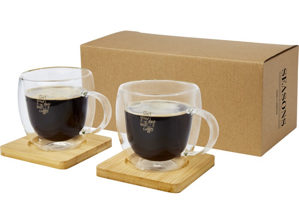 Стеклянный стакан Manti объемом 250 мл с двойными стенками и подставкой из бамбука, 2 шт. , natural-6