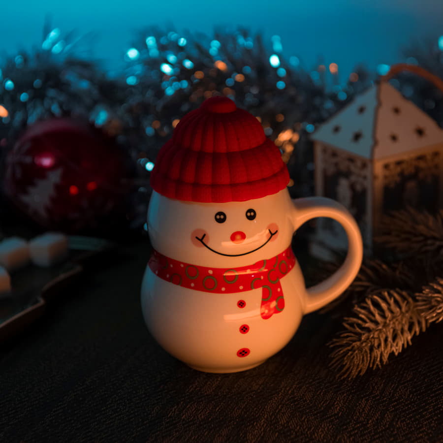 Кружка SNOWMAN с крышкой, белый, красный-3