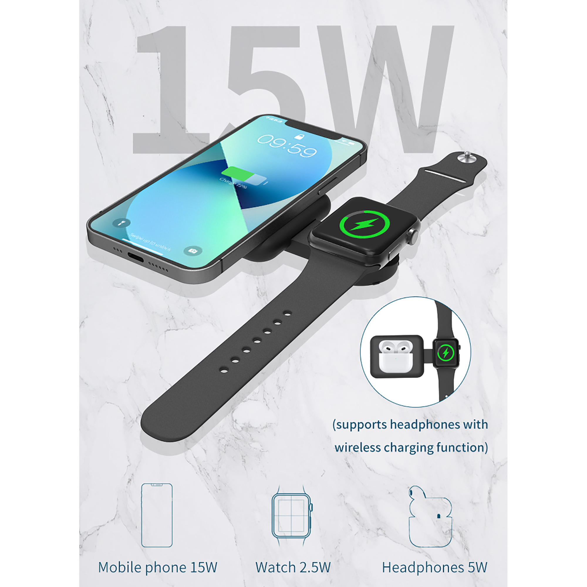 Складная беспроводная (15W) зарядная станция "I-Fold" для смартфона, часов/наушников-4