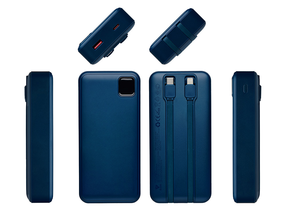 Внешний аккумулятор со встроенными кабелями Фрэйм Про, быстрая зарядка, 20000мач, тёмно-синий-2