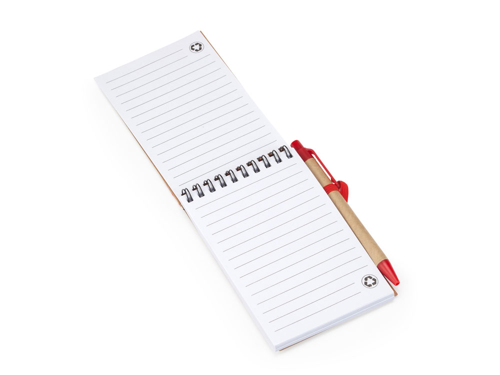 Блокнот LIEN с шариковой ручкой из переработанного картона, крафт/красный-1