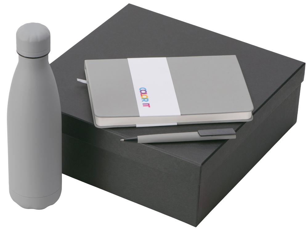 Подарочный набор c блокнотом C2, ручкой и термобутылкой, серый-0