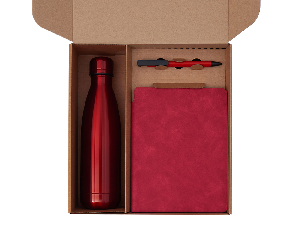 Подарочный набор с термобутылкой, блокнотом, ручкой и чаем, красный-1