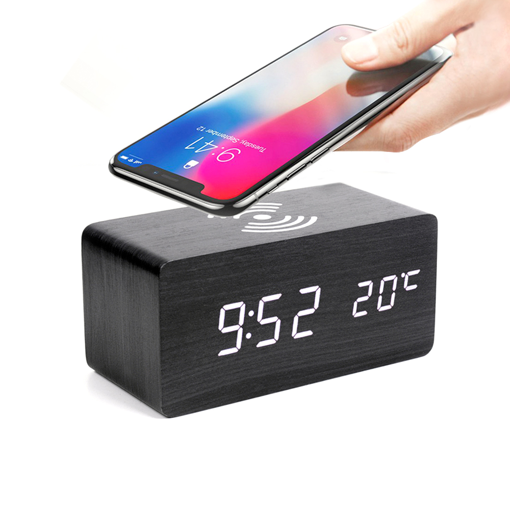 Многофункциональные часы - погодная станция с беспроводной зарядкой, Черный-2