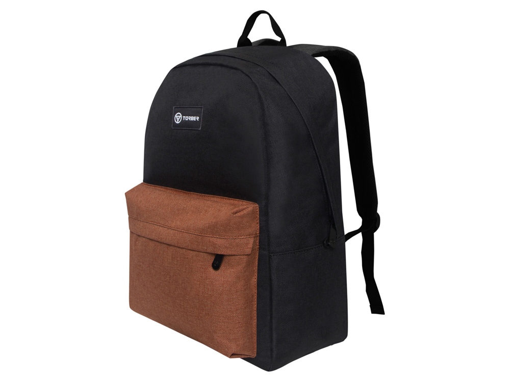 Рюкзак TORBER ГРАФФИТИ, черный с карманом коричневого цвета, полиэстер меланж, 42 х 29 x 19 см-1
