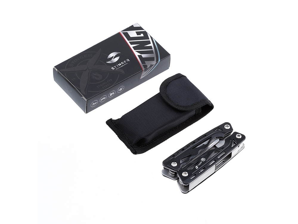 Мультитул Stinger, 104x43 мм, 13 функций, сталь/алюминий, чёрно-серебристый, в нейлоновом чехле-4