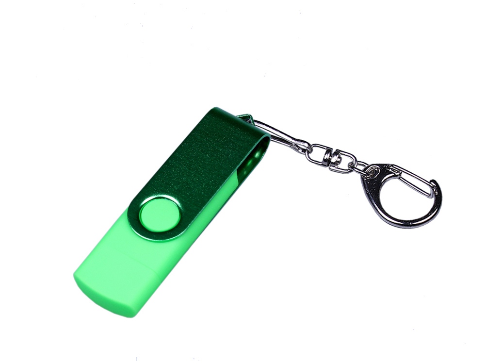 USB-флешка на 64 ГБ 3 в 1 поворотный механизм, c двумя дополнительными разъемами MicroUSB и TypeC C с одноцветным металлическим клипом, зеленый-0