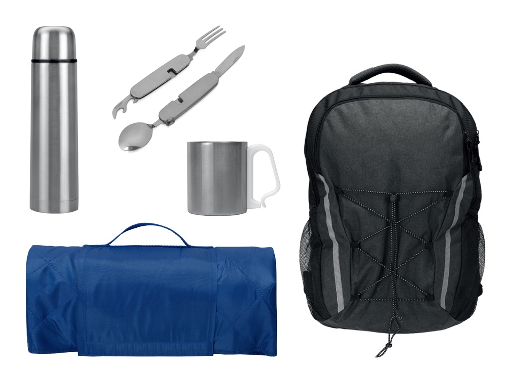 Набор с термосом, кружкой, пледом и рюкзаком, синий-0