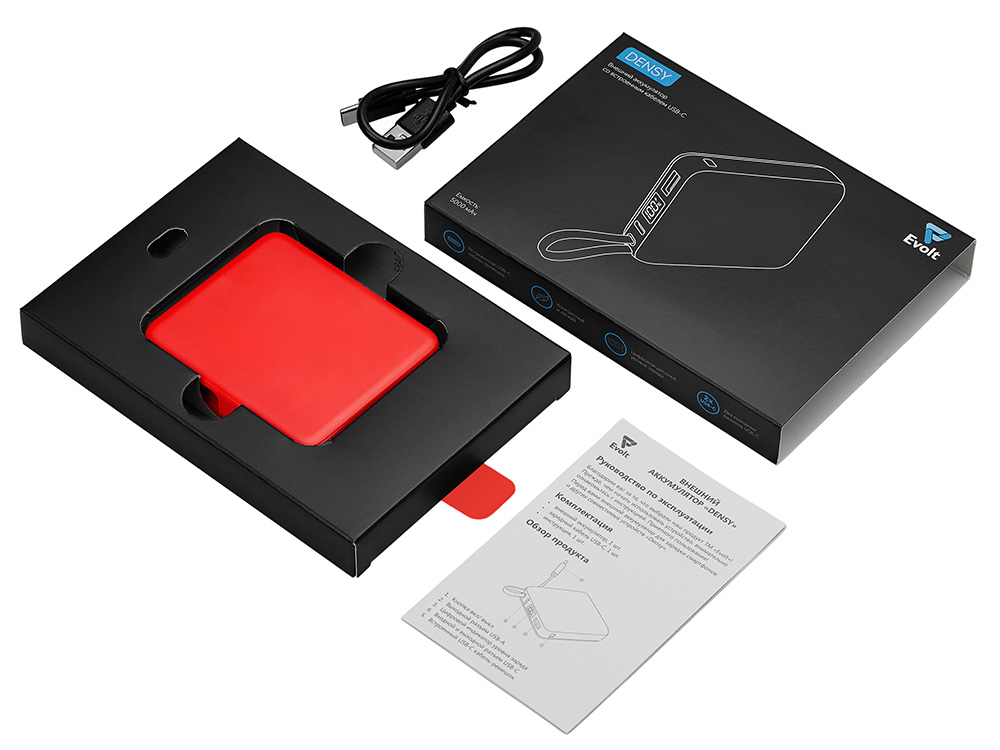 Внешний аккумулятор со встроенным кабелем USB-C Дэнси, 5000 мАч, красный-5