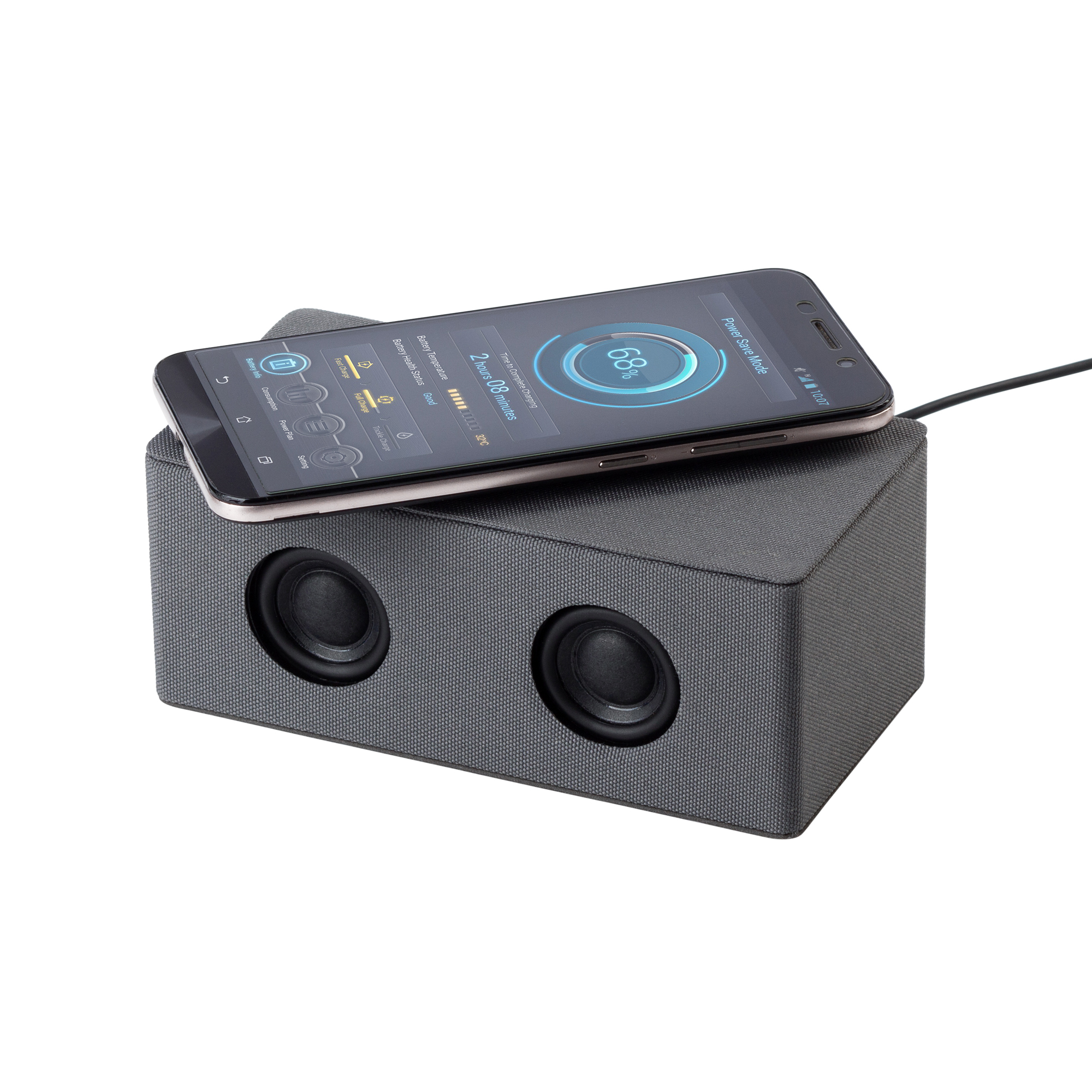 Bluetooth колонка "Cool Gray" с двумя динамиками (2х3Вт) и беспроводным зарядным устройством, переработанный пластик (RPET)-3