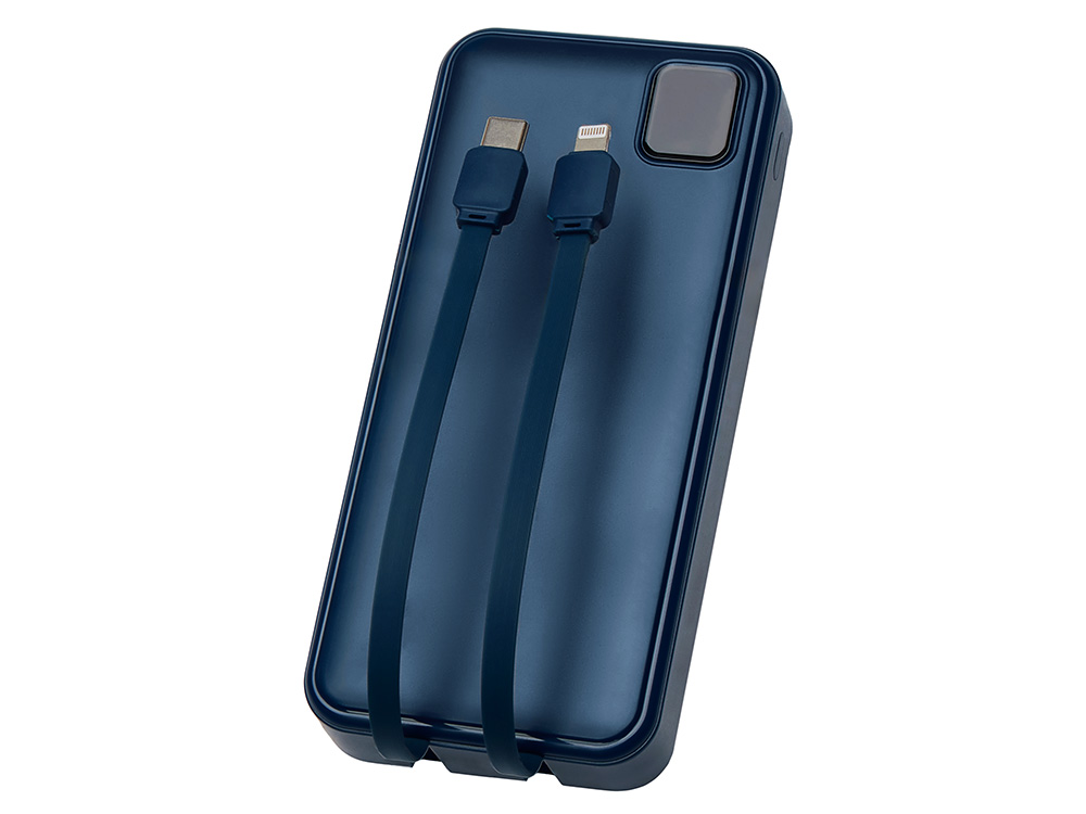 Внешний аккумулятор со встроенными кабелями Фрэйм Про, быстрая зарядка, 20000мач, тёмно-синий-4