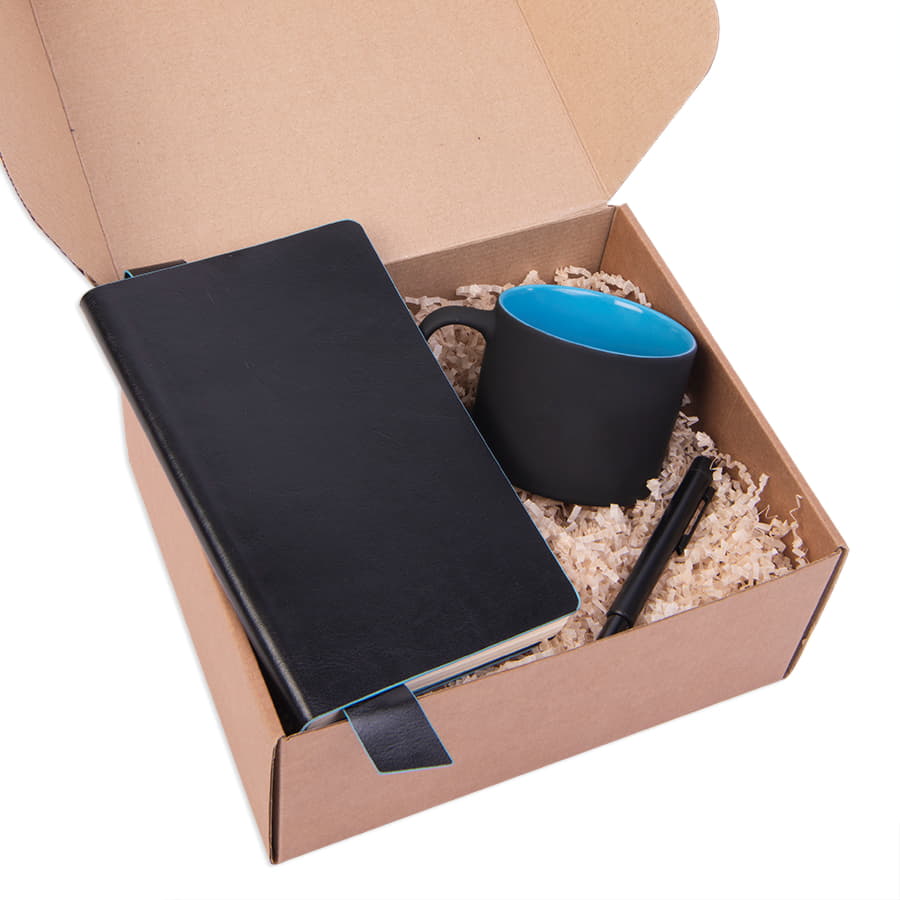 Подарочный набор DAILY COLOR: кружка, бизнес-блокнот, ручка с флешкой 4 ГБ, черный/голубой, черный, голубой-1