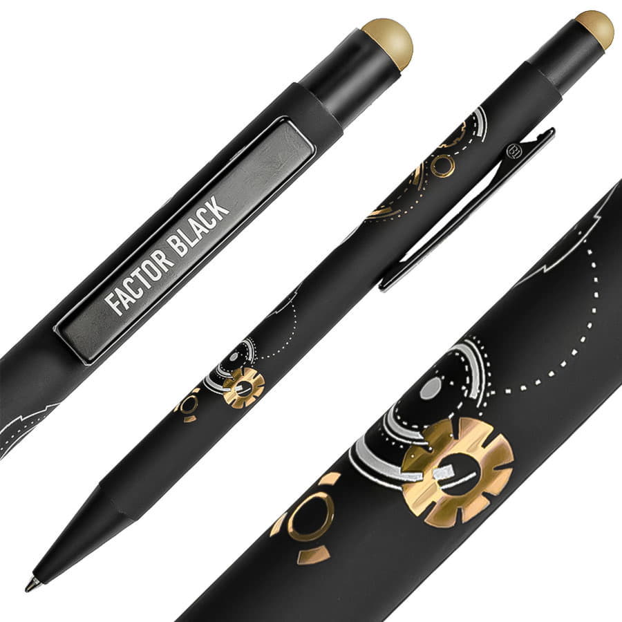 Ручка шариковая FACTOR BLACK со стилусом, черный, золотистый-1