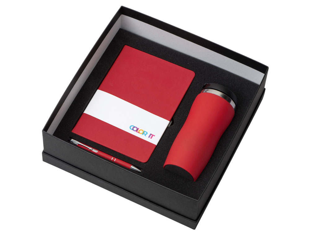 Подарочный набор с блокнотом С3, металлической ручкой и термокружкой, красный-1
