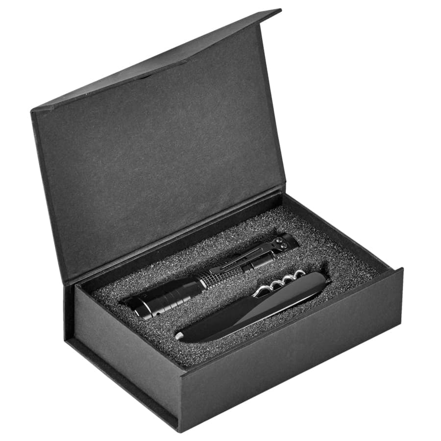 Набор: нож многофункциональный (13 функций) и фонарь в подарочной упаковке, черный-1